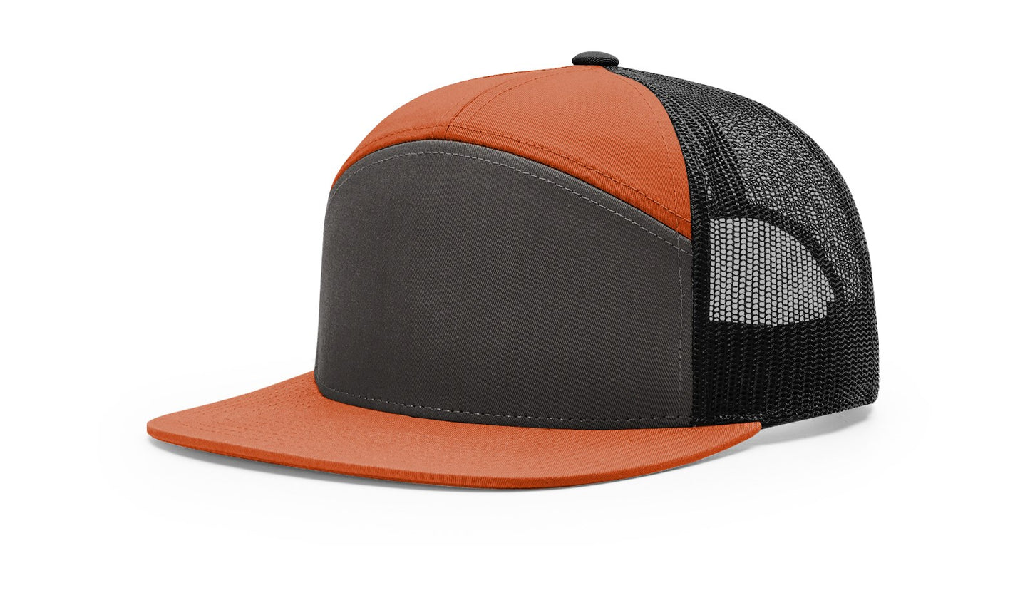 Tri Color Charcoal, Burnt Orange, Black | 7-Panel Trucker